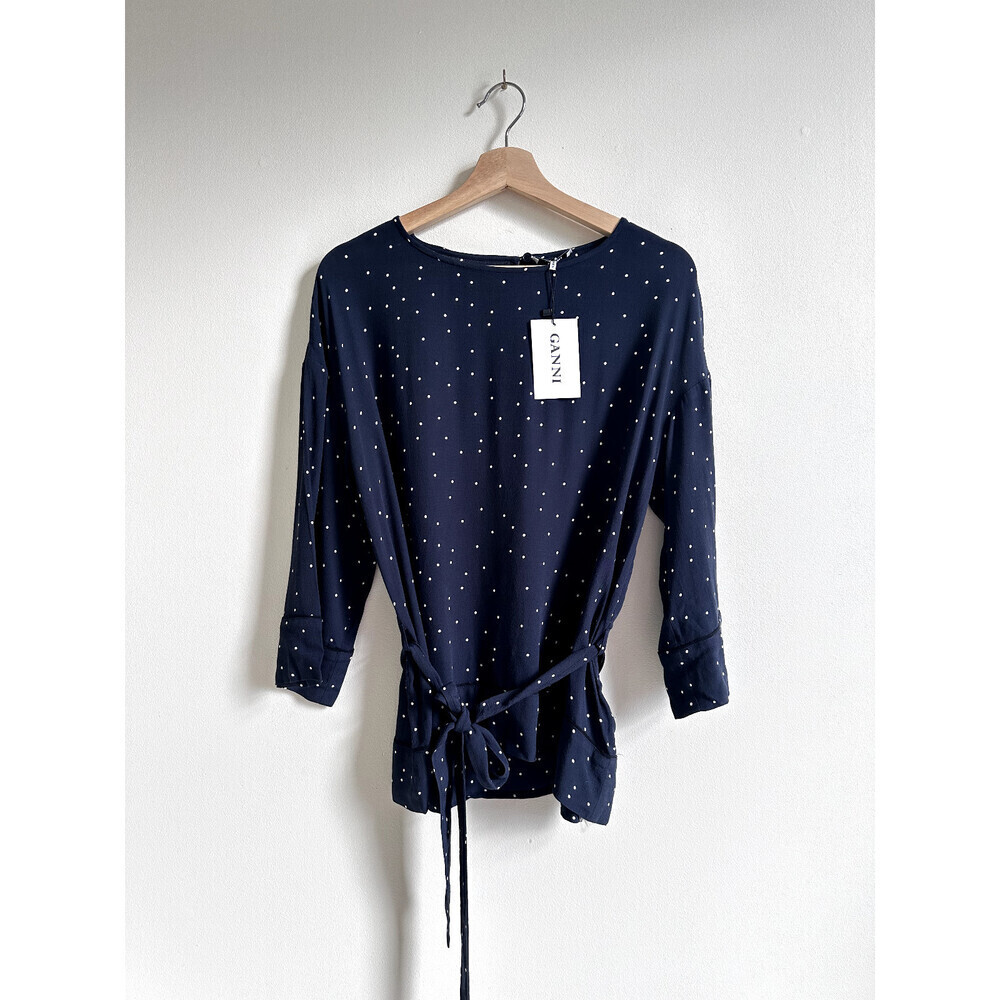 Ganni Crepe women's Cropped Sleeve Belted Blouse Top Navy Polka Size 38/ 6 $350
